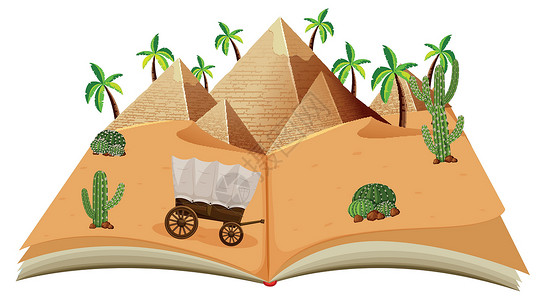 沙漠中的书立体书沙漠场景流行音乐风景艺术环境教育绘画金字塔夹子大车插图插画
