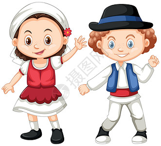 孩子服装穿着传统服装的罗马尼亚女孩和男孩插画