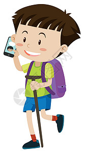 旅行背包小男孩背着紫色背包的小男孩在 phon 上聊天插画