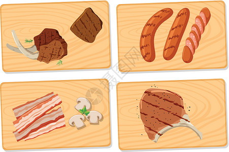 牛肉烧烤砧板上的各种肉插画