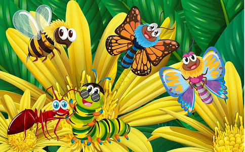热锅上蚂蚁黄花上不同种类的昆虫绿色毛虫生物蚂蚁夹子艺术情调花园哺乳动物蝴蝶插画