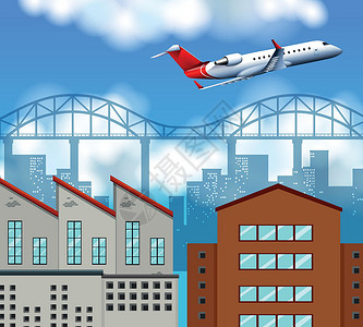 飞机划过建筑上空飞机在城市上空飞行航空公司夹子旅行运输建筑航空艺术引擎绘画车辆插画
