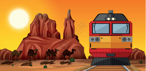 骆驼火车日落时在沙漠土地上乘坐火车插画