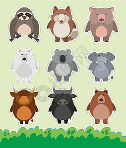 草地上有可爱动物的贴纸设计背景图片
