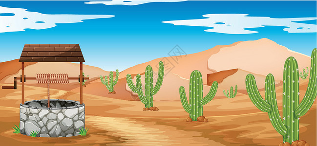 弱电井仙人掌和井的沙漠场景插画