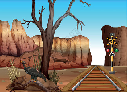 轨道鸟穿过峡谷的火车轨道插画