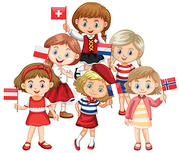 法国波兰尔孩子们拿着来自不同国家的旗帜插画