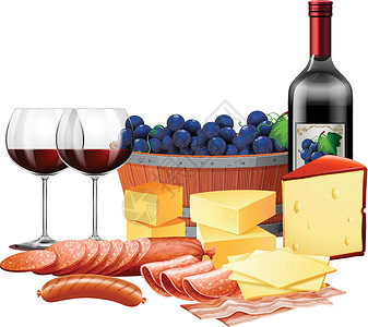 意大利葡萄酒肉奶酪和葡萄酒搭配插画