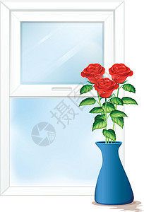 花瓶中玫瑰的窗景背景图片