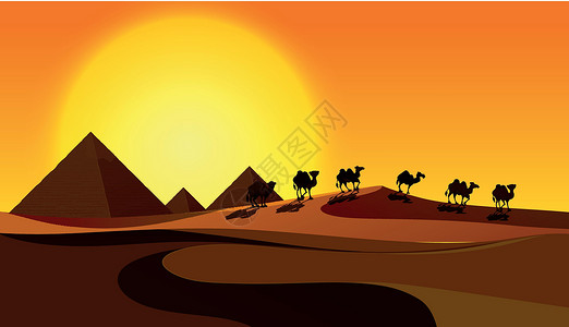 大篷车在沙漠场景中的剪影骆驼插画
