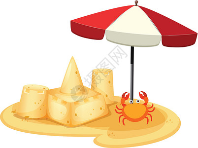 白色背景上的沙堡插图艺术孩子太阳螃蟹海滩绘画乐趣季节海洋背景图片