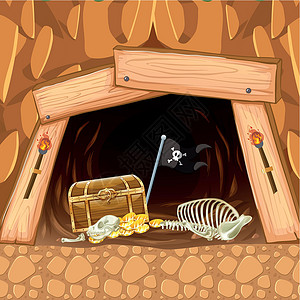 红发海盗骷髅海盗采矿洞穴宝藏和骷髅插画