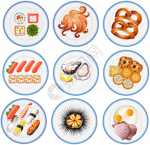 海鲜自助晚餐盘子里的寿司和其他类型的食物设计图片