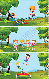蹦床一群儿童在公园玩耍插画