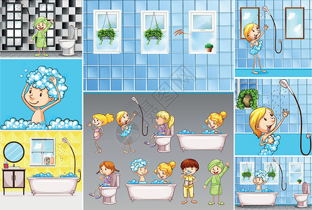 淋浴场景孩子们做不同活动的浴室场景插画