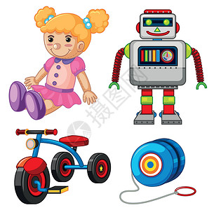农用三轮车白色背景上的洋娃娃和其他玩具插画