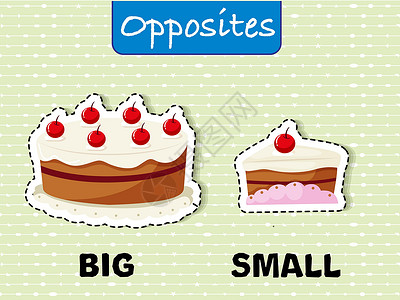 樱桃小蛋糕大和小的相反词海报奶油状绘画卡片插图英语食物小吃夹子甜点插画