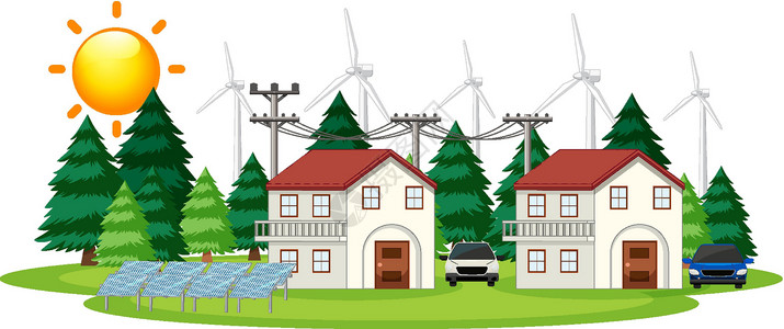 温室工程显示太阳能电池如何在家中工作的图表汽车学习轮子插图场景全球气体教育活力环境插画