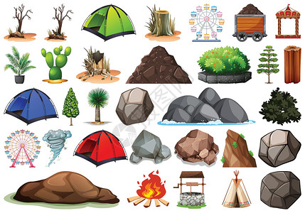 户外岩石户外自然主题物品和植物元素的收集团体面具岩石公园小路树叶卡通片绿色野营绘画插画
