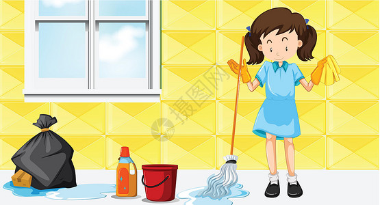 浴桶女佣打扫房子清洁工艺术工作家政家庭女孩绘画服务窗户拖把插画