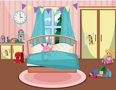 女孩卧室的内部插图背包卡通片小地毯绘画彩旗夹子橱柜房间建筑背景图片