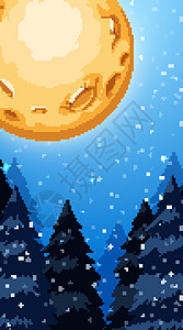 冬天满月的背景场景卡通片气候插图边界横幅艺术松树季节框架艺术品背景图片