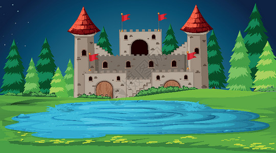 旧城堡垒河塔在附近的城堡场面插画
