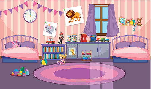 女孩房间的内部粉色小地毯积木绘画孩子们孩子窗帘狮子算盘图书背景图片