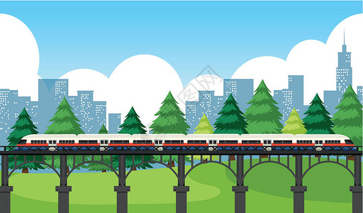 纽约高线公园火车穿越城市插画