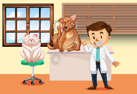 有生病的动物的兽医动物群毛皮生物小狗男性疾病哺乳动物医院小猫职业插画