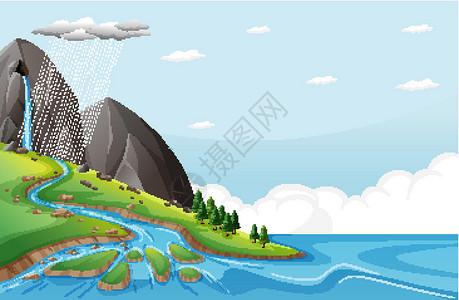 水从石崖落下的自然场景绘画插图岩石卡通片卵石公园石头场地植物爬坡背景图片
