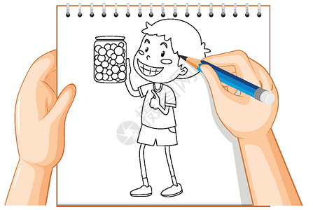 拿着铅笔的孩子拿着糖果罐大纲的男孩手写设计图片