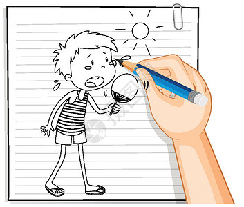 拿着铅笔的孩子夏季天气大纲中男孩拿着扇子的手写设计图片