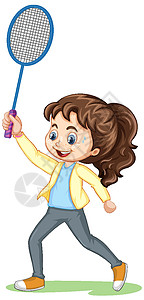 羽毛球教练可爱的女孩打羽毛球卡通人物孤立孩子公园教育行动剪贴活动联盟青年女性学校插画