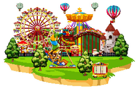 欢乐园植树节许多孩子在马戏团玩耍的场景欢乐园娱乐快乐微笑生物童年时代动物群过山车情感插画