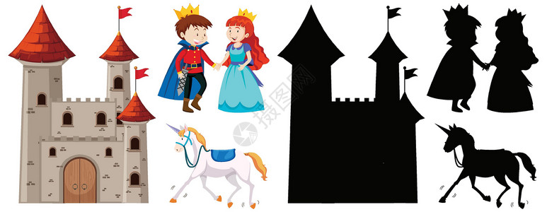 城堡与王子和公主和马在颜色和轮廓隔离在白色背景高清图片