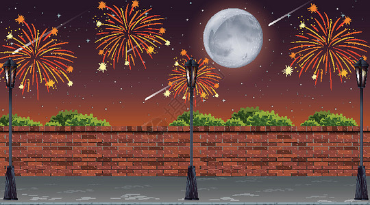 烟花墙素材与庆祝烟花场景的街景人行道绘画月亮派对天空夹子节日风景街道艺术插画