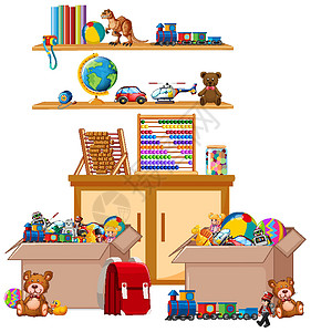 白色背景上装满书籍和玩具的架子积木机器童年机器人火车技术圆圈卡通片直升机数字盒子高清图片素材