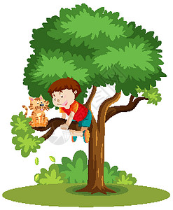 一个男孩爬起来帮助一只卡在树卡通隔离物上的猫背景图片