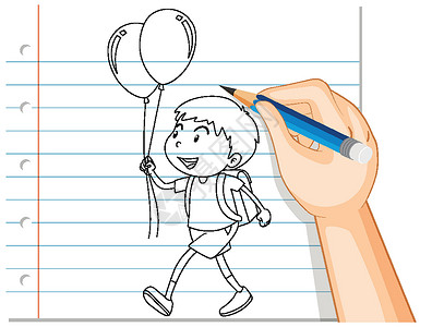 拿着铅笔的孩子手写的男孩拿着气球设计图片