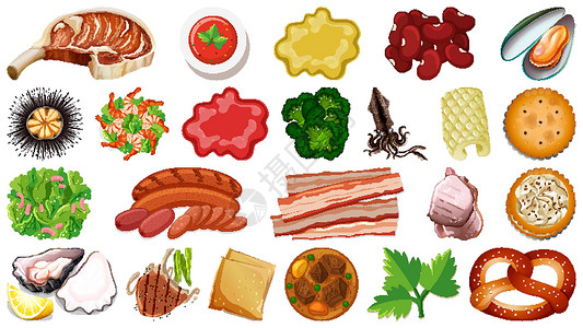椒盐琵琶虾一套新鲜食品配料团体夹子绘画沙拉海鲜插图艺术蔬菜收藏卡通片设计图片