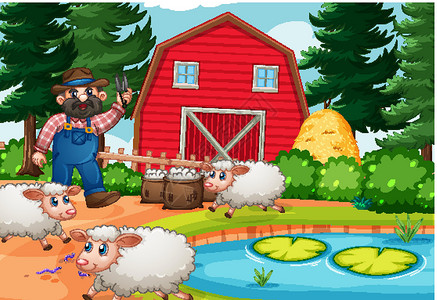 羊左雍措湖在卡通风格的农场场景中有动物农场的农民农业树木仓库羊毛植物羔羊婴儿动物群农田国家插画