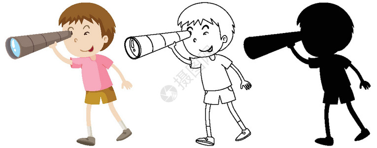 望远镜男孩在颜色和轮廓和剪影中使用双筒望远镜的男孩设计图片