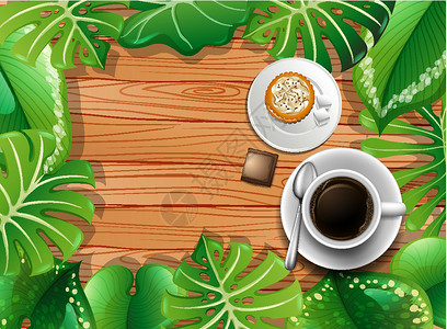 空木桌带甜点和咖啡的木桌的顶部视图和叶子元素插画