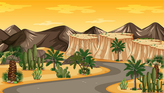 昌金路在 sunse 的沙漠道路美丽的金色夜光风景环境场景插图路面艺术绘画日落辉光街道插画