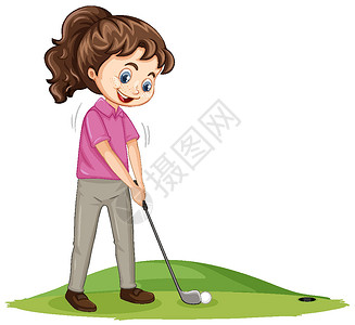 卡通高尔夫打高尔夫的年轻高尔夫球手卡通人物行动操场幼儿园教练卡通片女性艺术学习教育娱乐设计图片