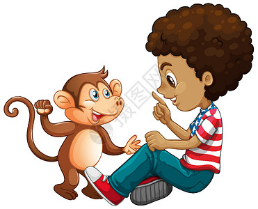男孩玩一只小猴子孤立在白色背景上设计图片