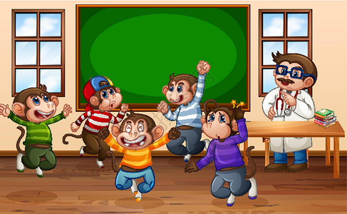 五只小猴子带着医生在教室里蹦蹦跳跳黑猩猩场景灵长类猴子动物课堂风景歌曲生物孩子们背景图片