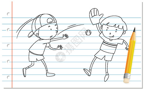 女孩玩棒球两个男孩打棒球大纲的手写设计图片