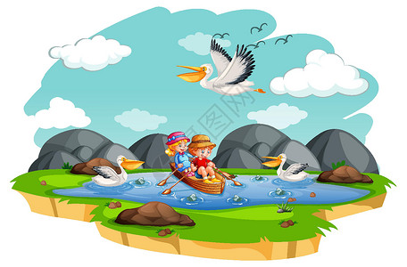 佛罗里达州鸟池塘孩子们在白色背景的溪流场景中划船设计图片